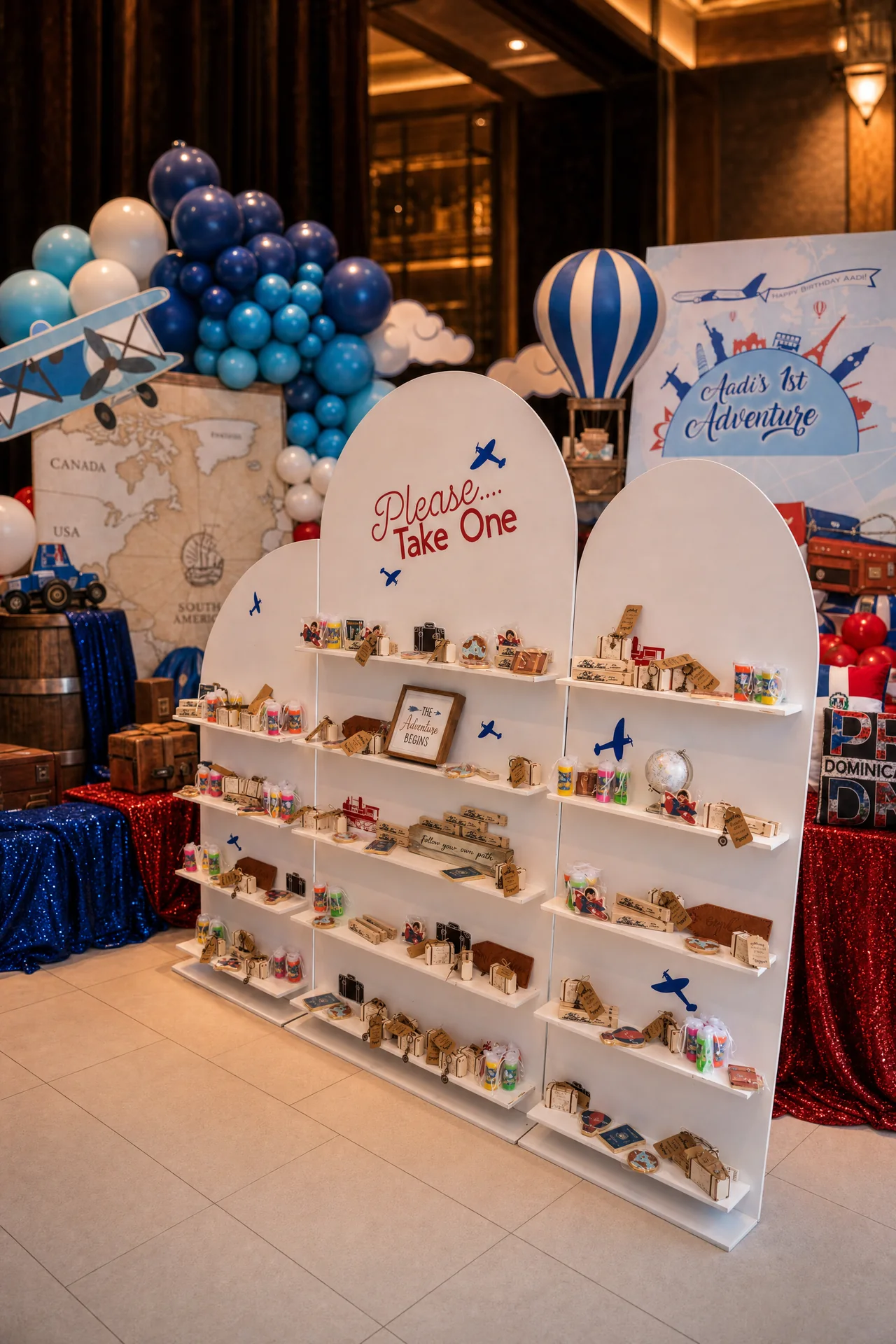 Travel-themed party favors display
