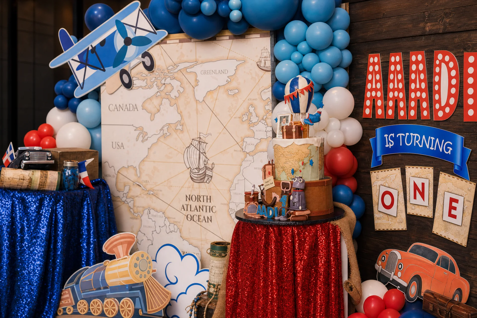 Travel cake in front of the Aadi is turning one backdrop