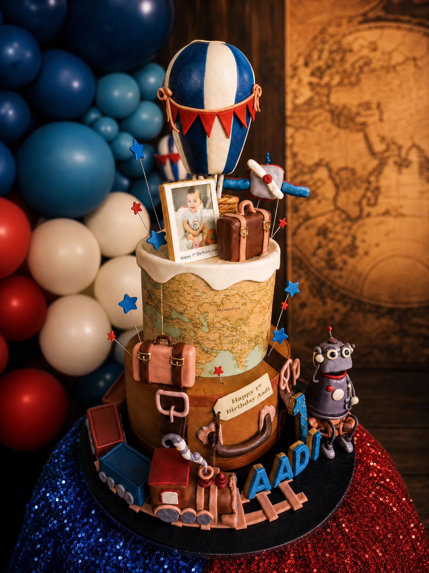 Travel-inspired first birthday cake with hot air balloon and train