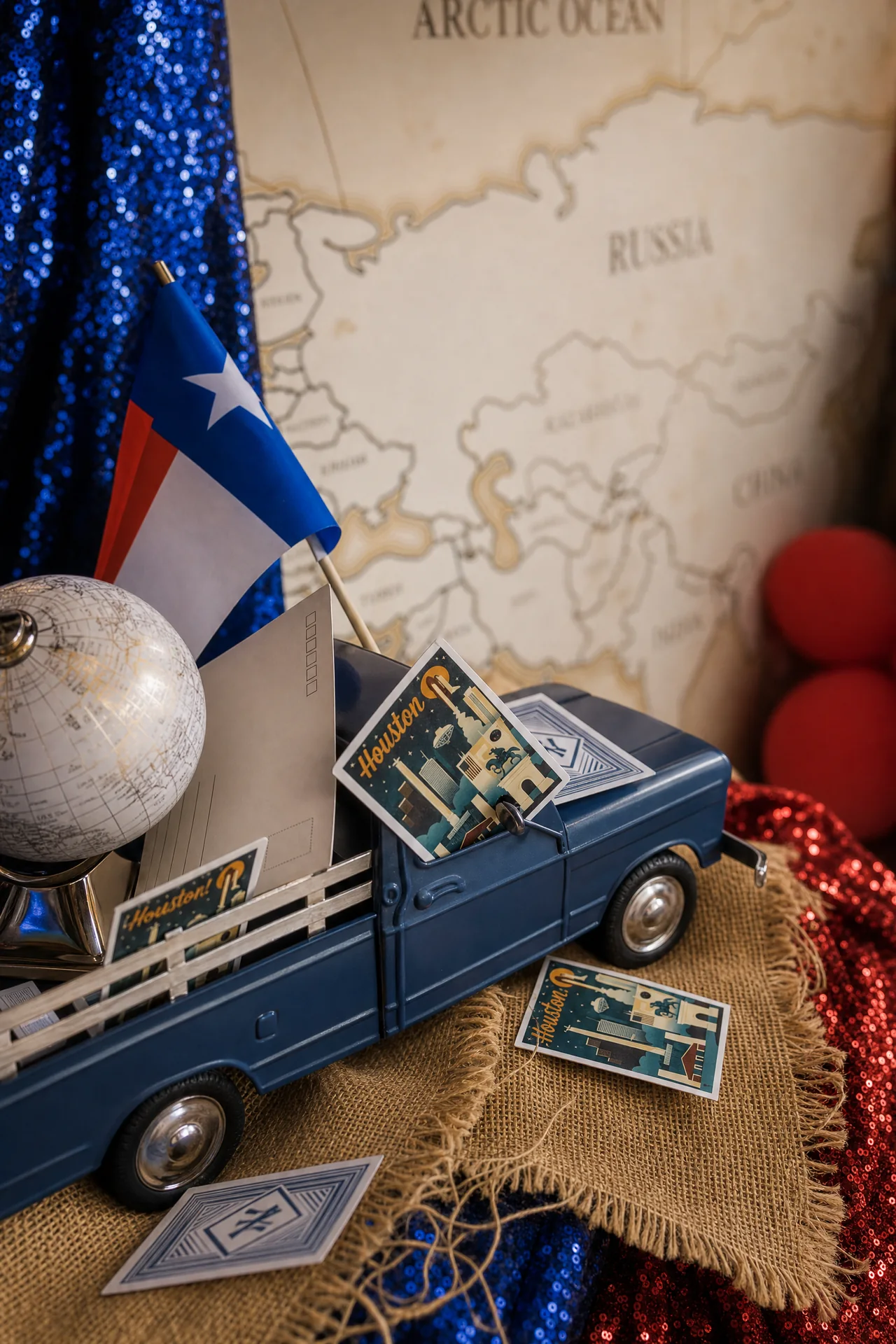 Blue truck and travel props at the first birthday party