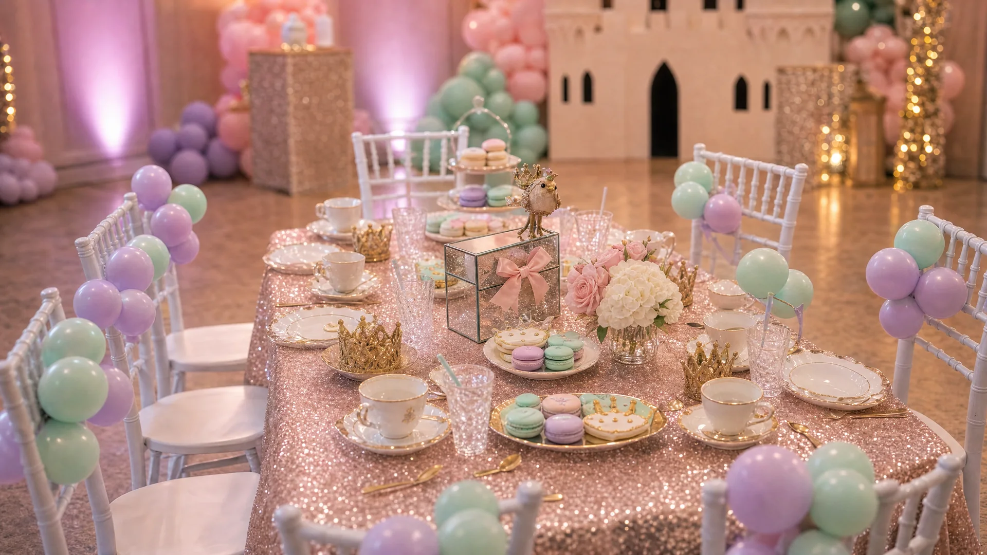 Harlow & Vivi’s Princess Birthday Party: hero detail from a Poppin Kids themed birthday in Houston