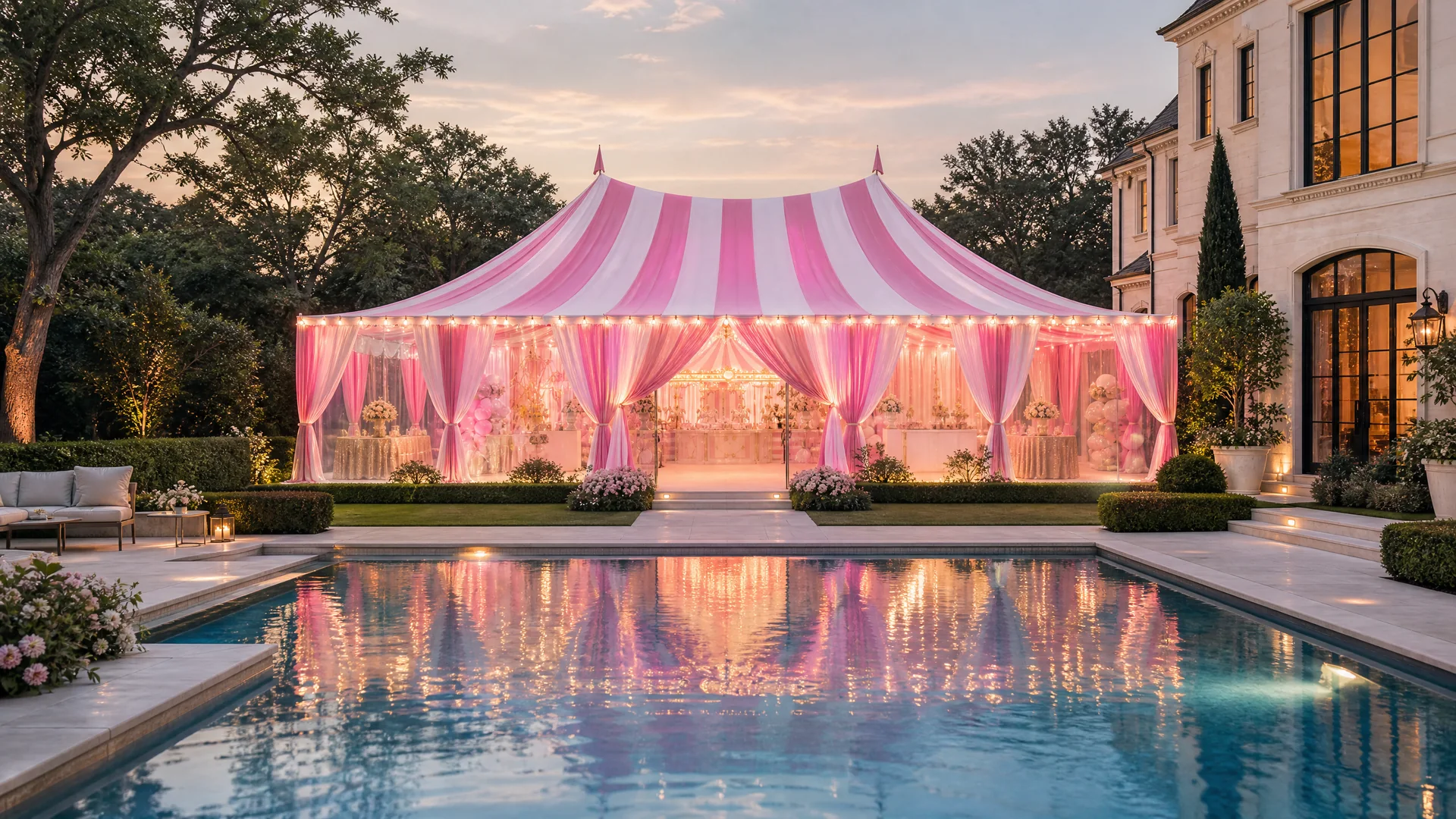 Maddie's Carnival Party: EXTERIOR 03 poolside dusk overview