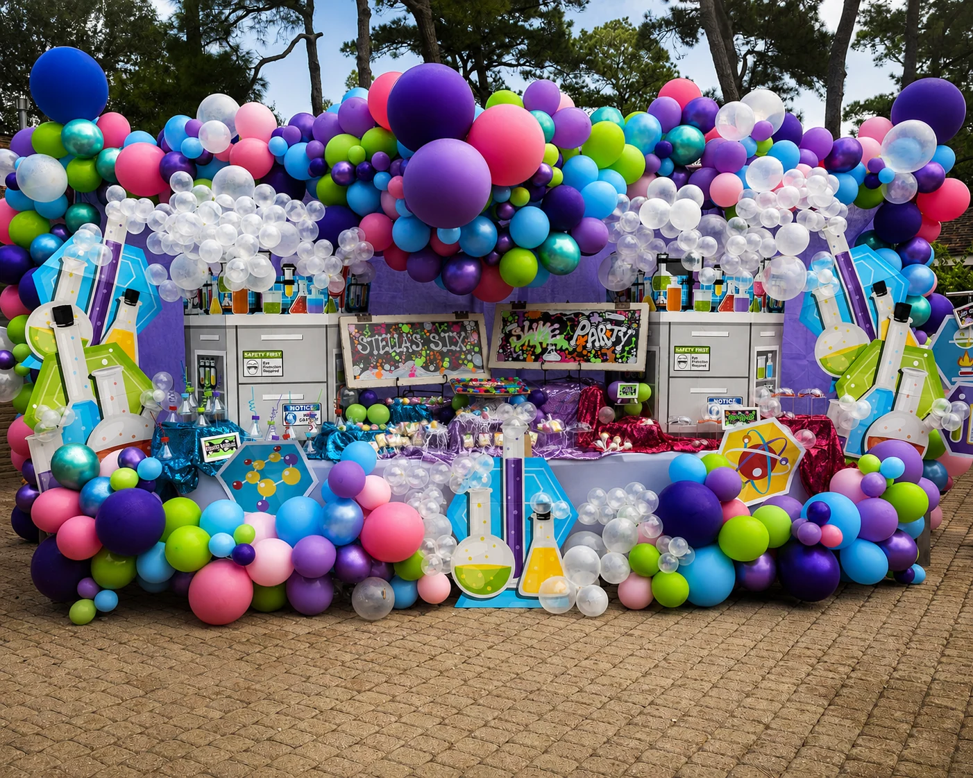 Colorful science activity table and balloon installation created for a Poppin Kids party