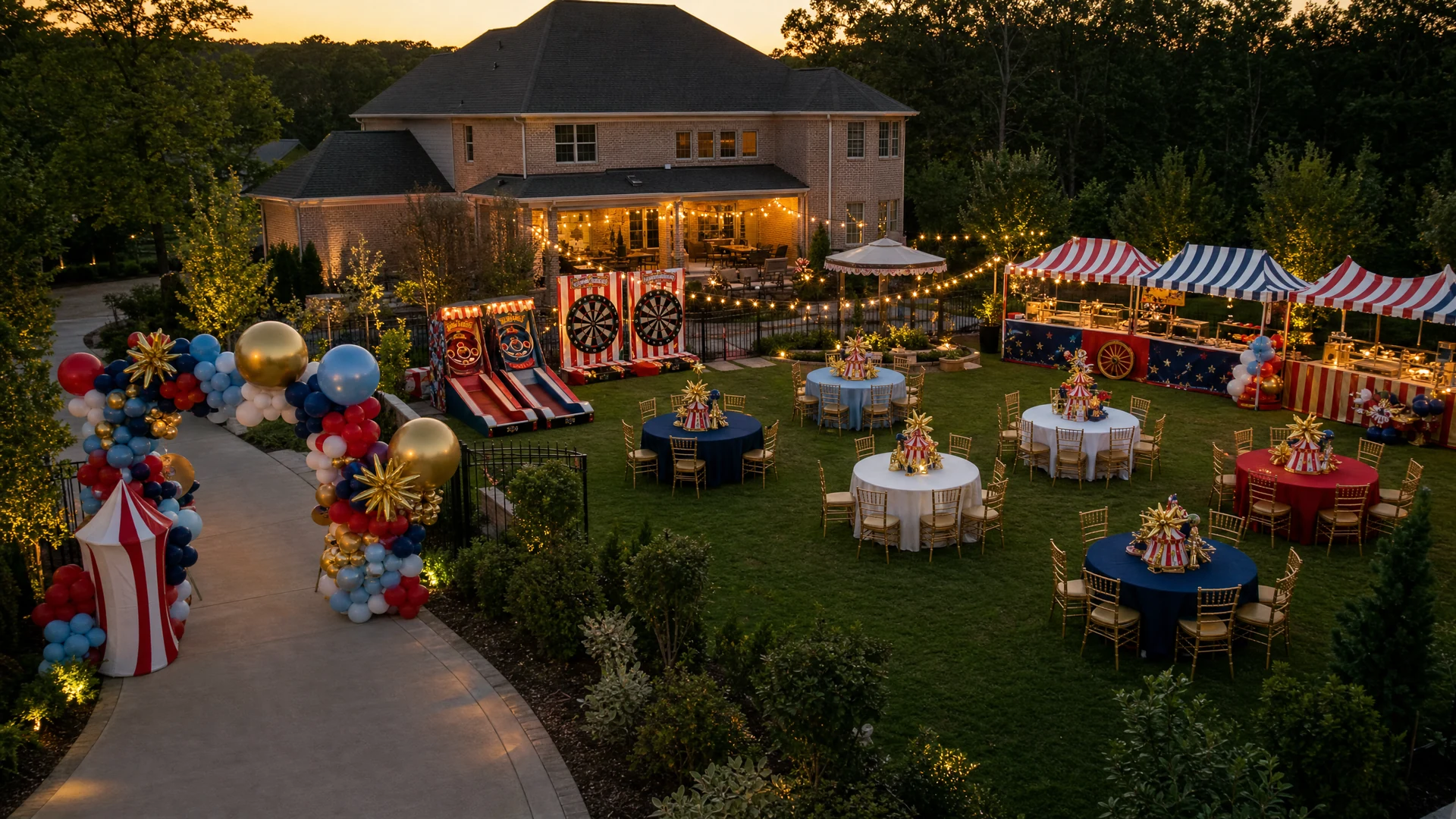 Overhead view of a colorful carnival birthday party produced by Poppin Kids