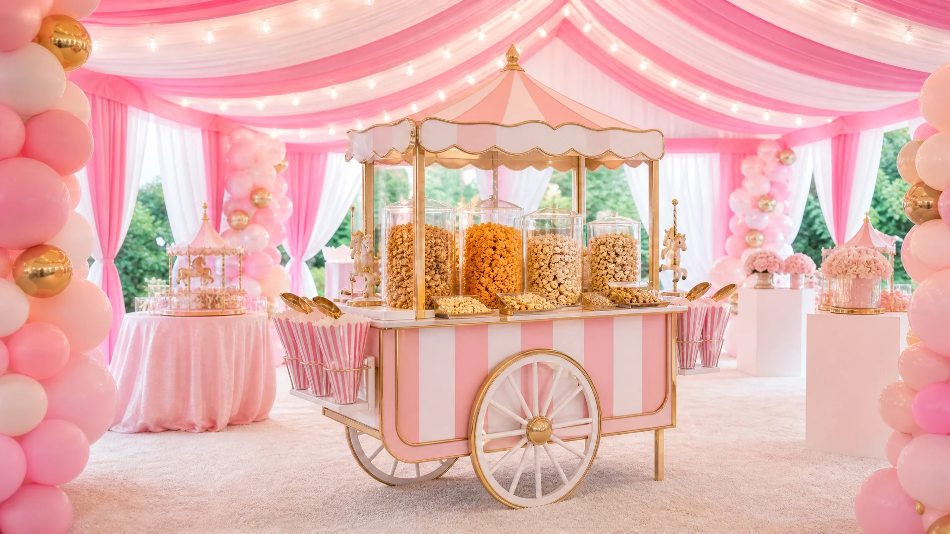 Pink confection cart inside a Poppin Kids birthday party tent