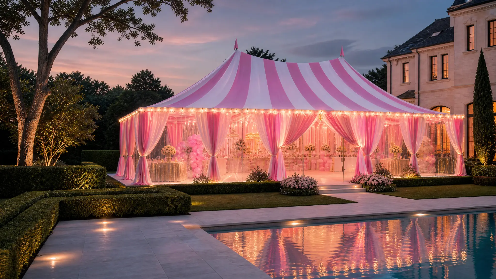Pink striped party tent glowing at dusk beside a pool for a Poppin Kids celebration