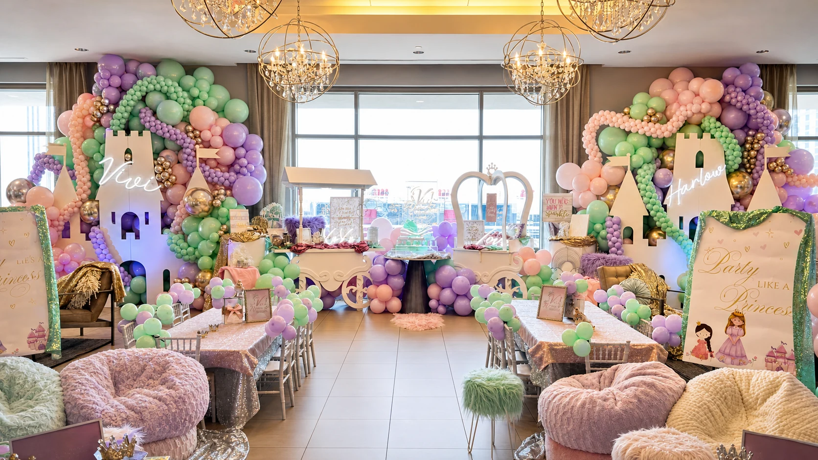 Pastel princess birthday room with balloon architecture, styled kids tables, cake display, and lounge seating